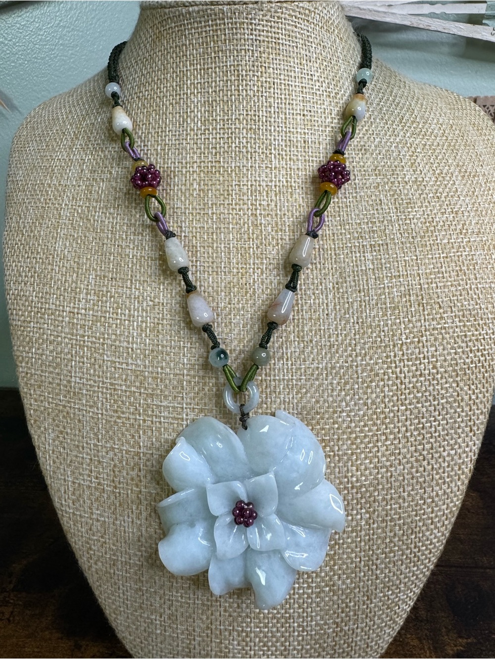 Hand Crafted Pale Green Jadeite Jade Flower Pendant Necklace with Purple Accents